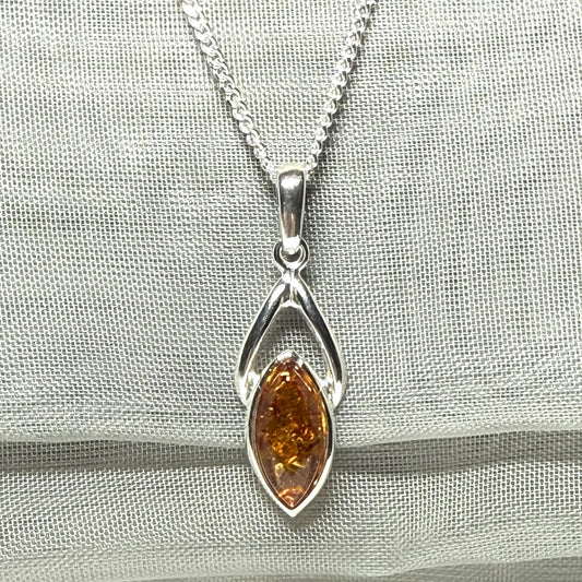 Real amber necklace sterling silver marquise shaped open pendant