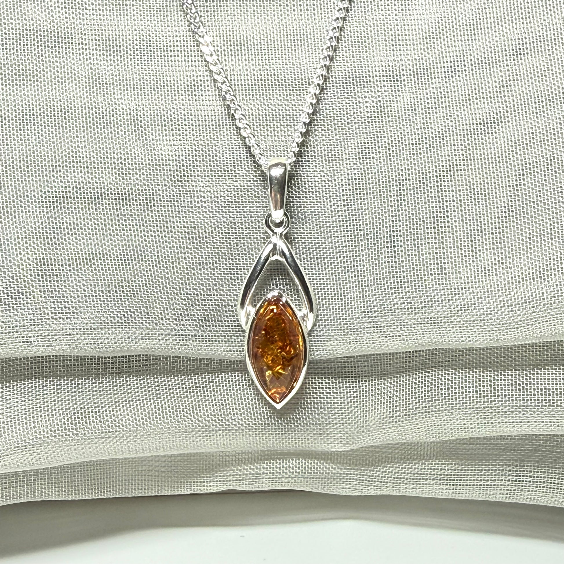 Real amber necklace sterling silver marquise shaped open pendant