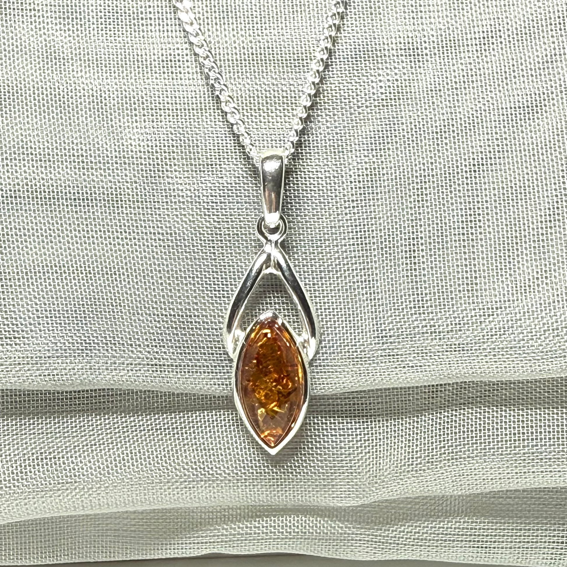 Real amber necklace sterling silver marquise shaped open pendant