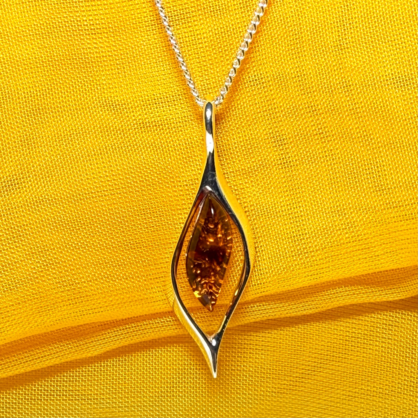 Real amber necklace sterling silver open twisted marquise shaped pendant With chain