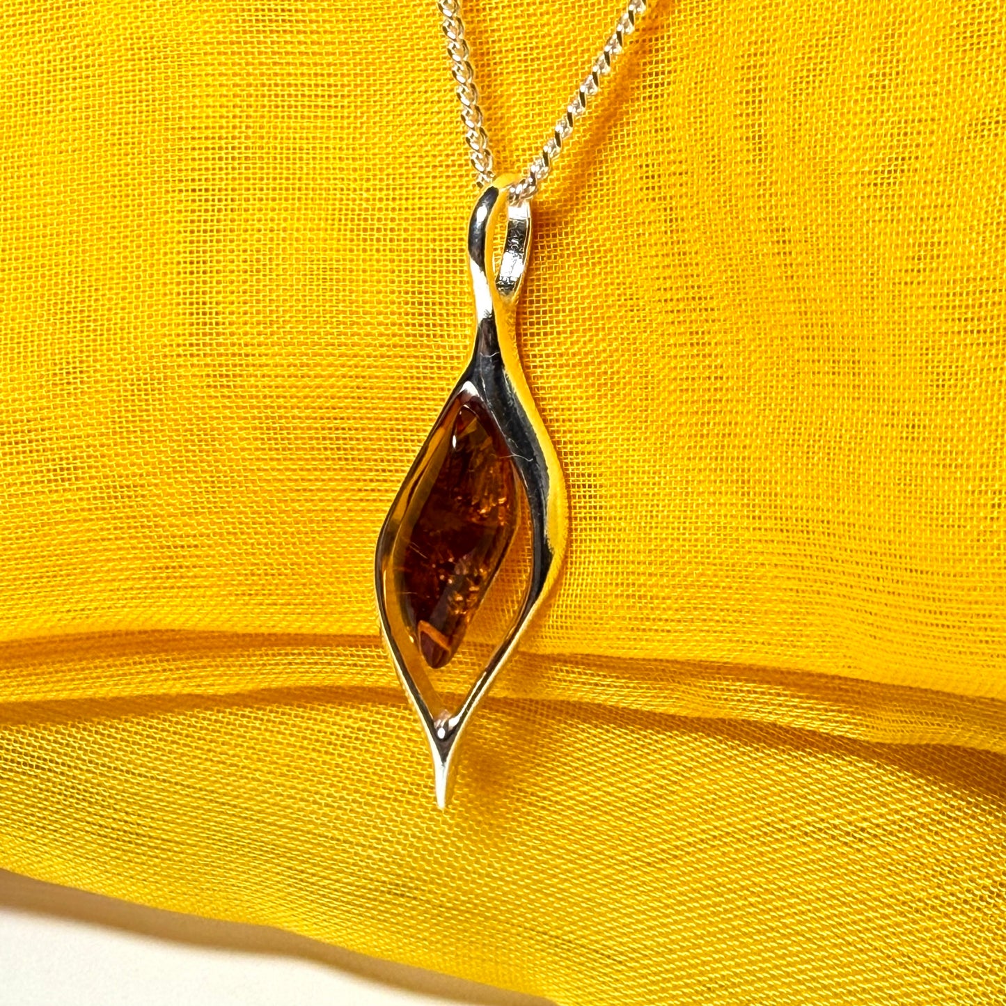 Real amber necklace sterling silver open twisted marquise shaped pendant With a chain