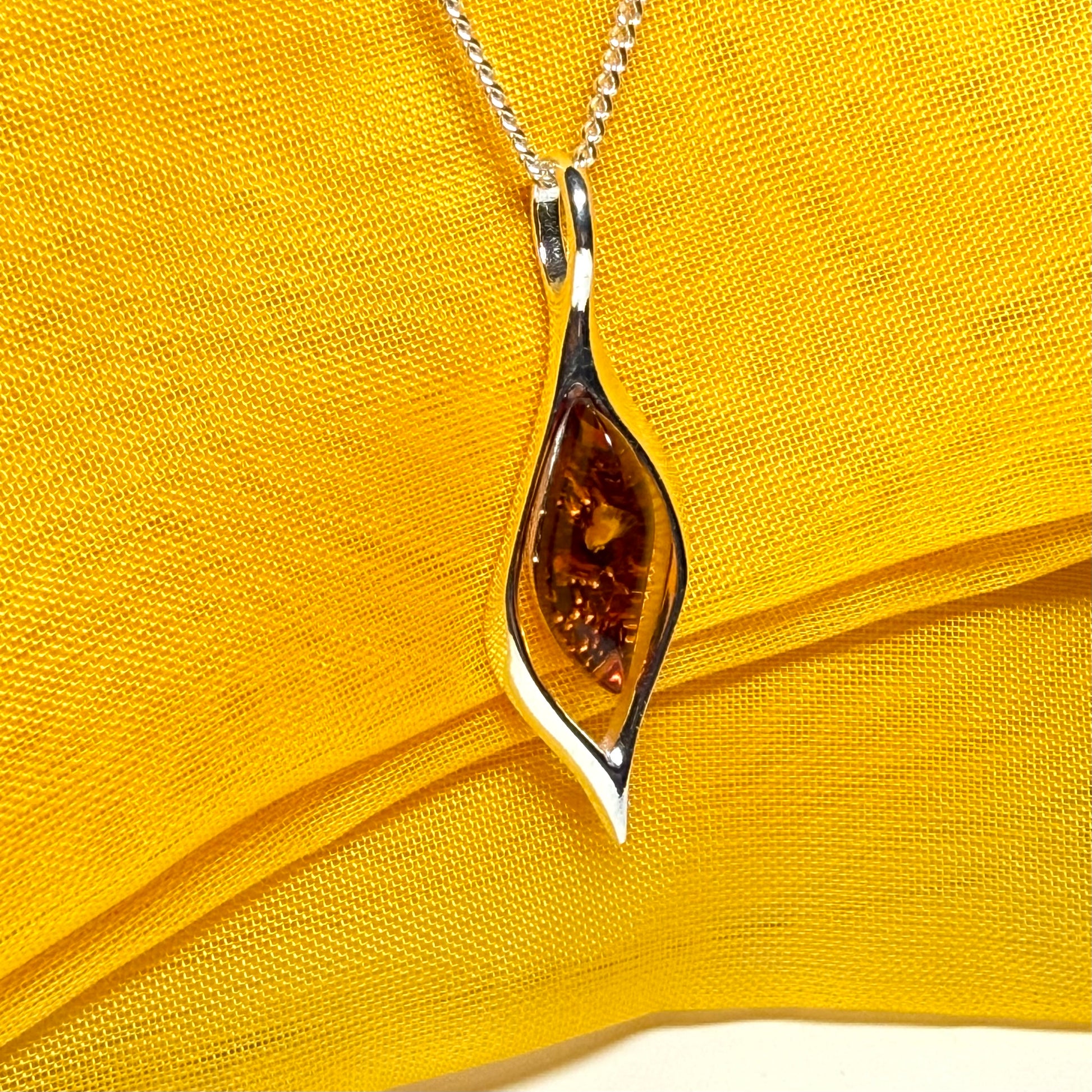 Real amber necklace sterling silver open twisted marquise shaped pendant