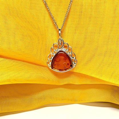 Real amber necklace sterling silver scrolled pendant