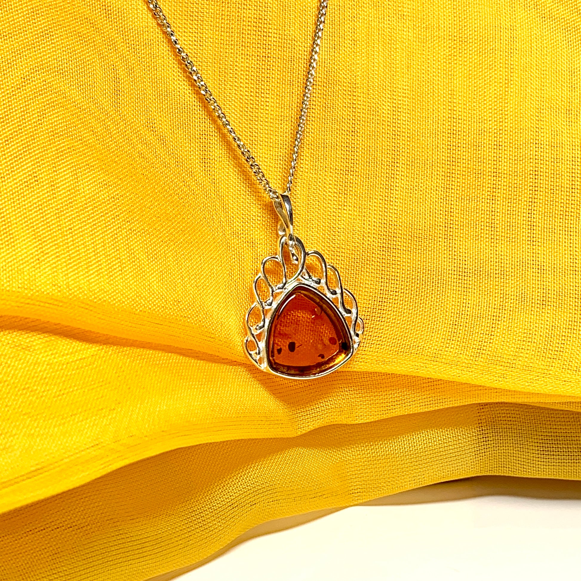 Real amber necklace sterling silver scrolled pendant