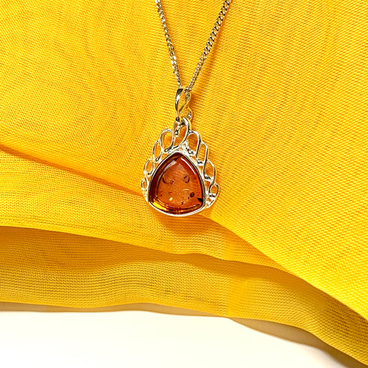 Real amber necklace sterling silver scrolled pendant