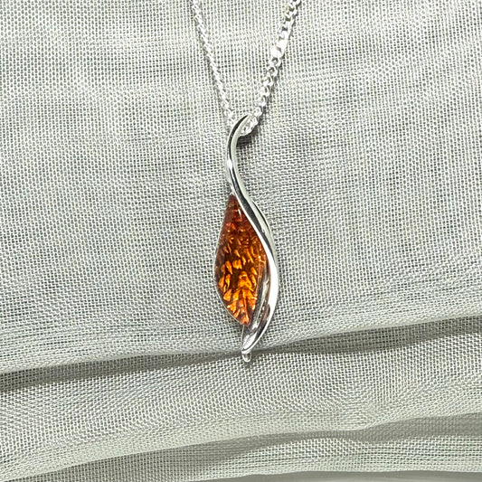 Real amber necklace sterling silver twisted marquise shaped amber pendant