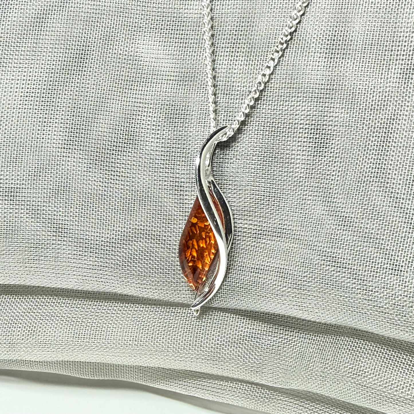 Real amber necklace sterling silver twisted marquise shaped amber pendant
