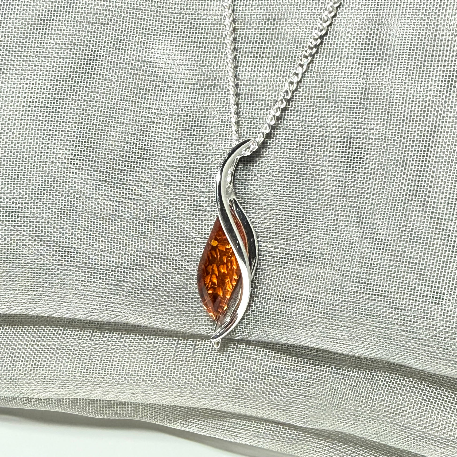 Real amber necklace sterling silver twisted marquise shaped amber pendant