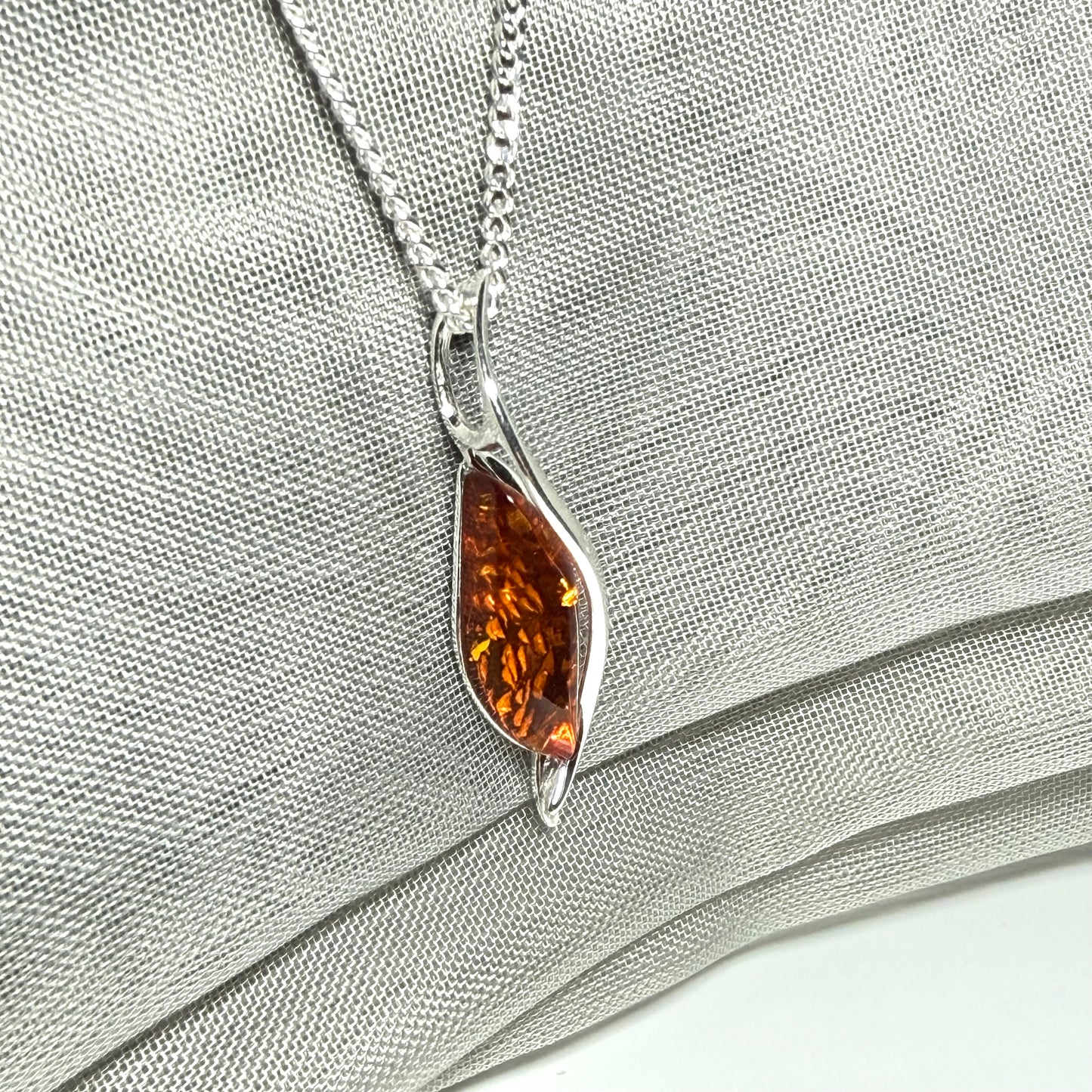 Real amber necklace sterling silver twisted marquise shaped amber pendant