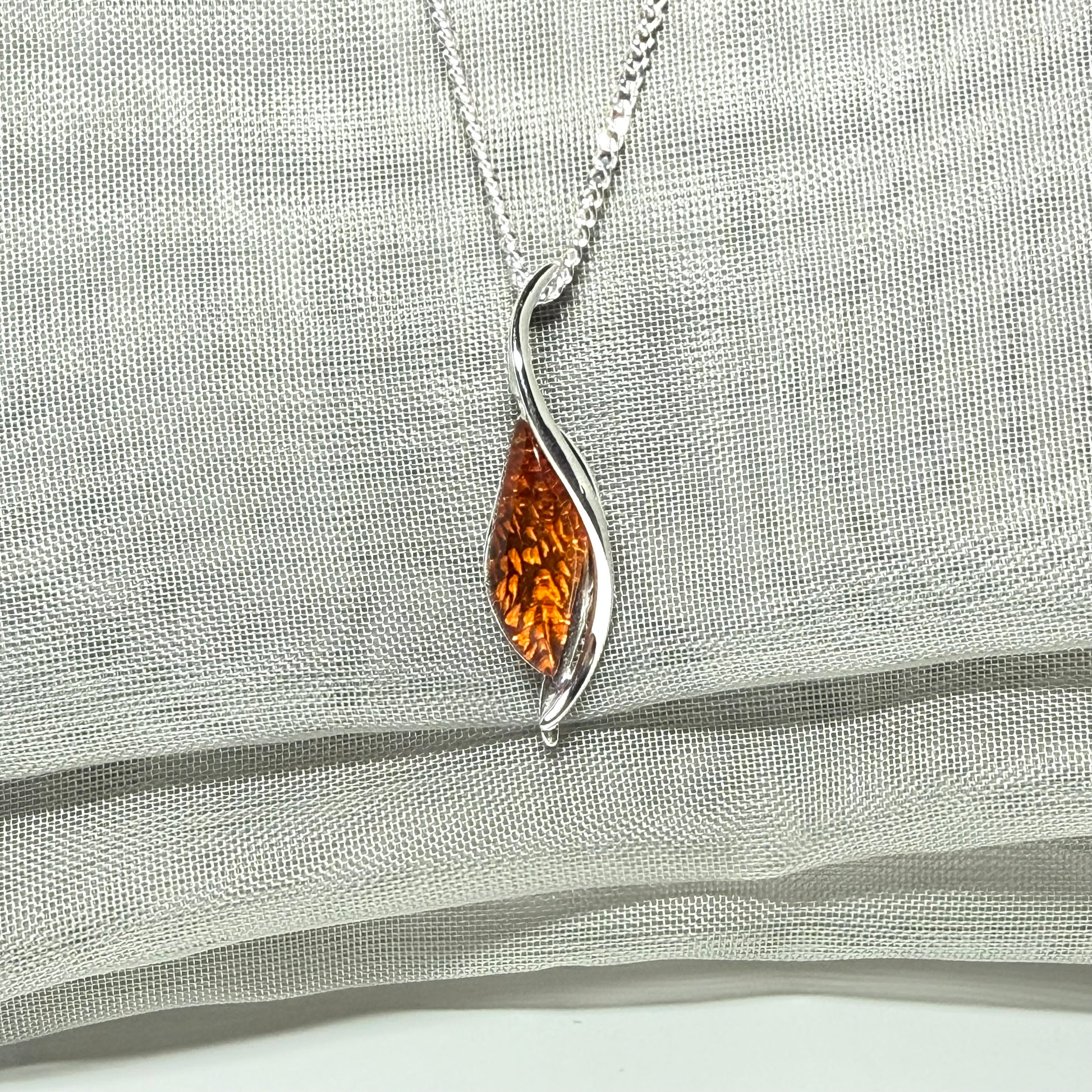 Real amber necklace sterling silver twisted marquise shaped amber pendant