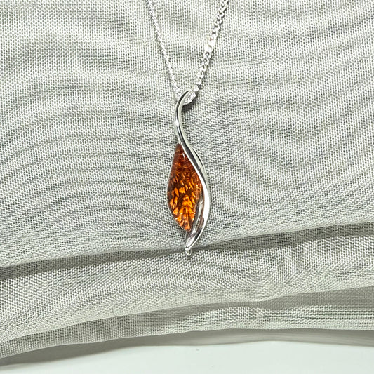 Real amber necklace sterling silver twisted marquise shaped amber pendant