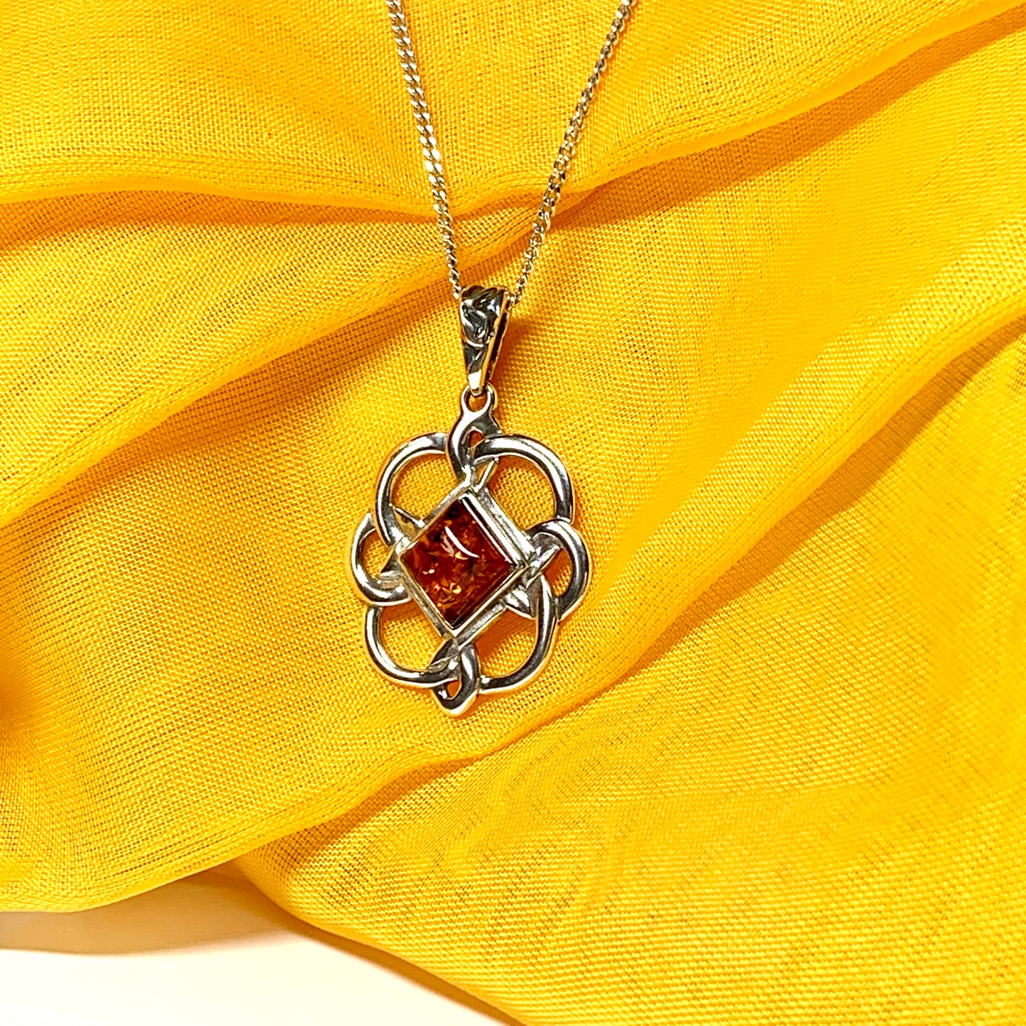 Real amber necklace sterling silver woven Celtic pendant square amber