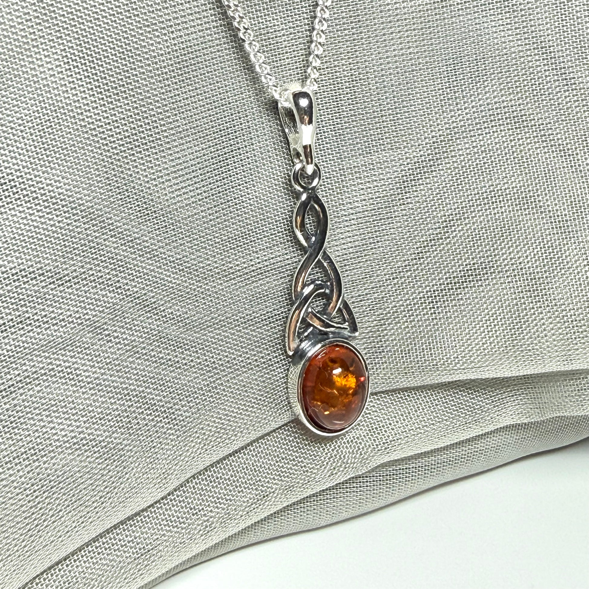 Real amber necklace sterling silver woven Celtic pendant oval amber