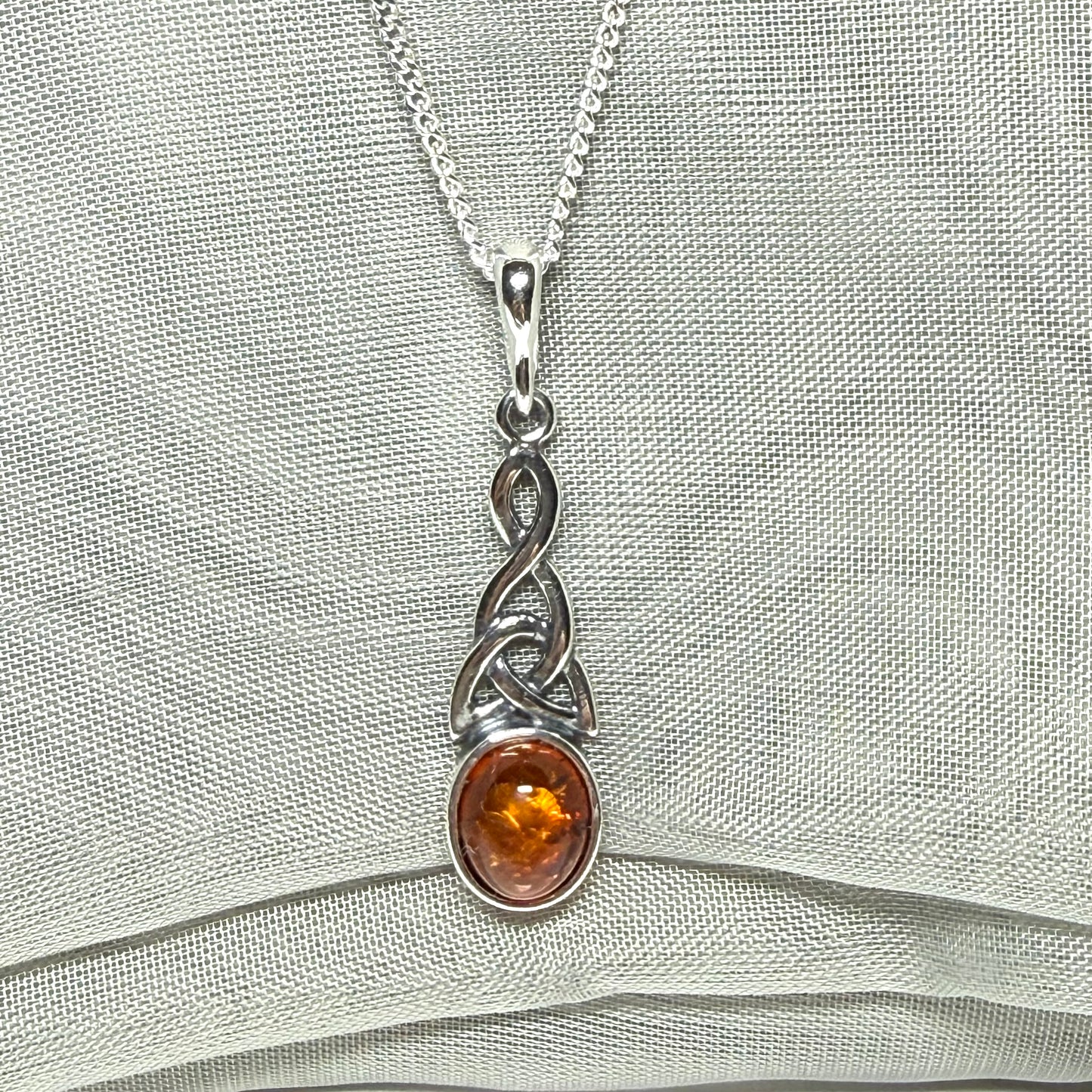 Real amber necklace sterling silver woven Celtic pendant oval amber