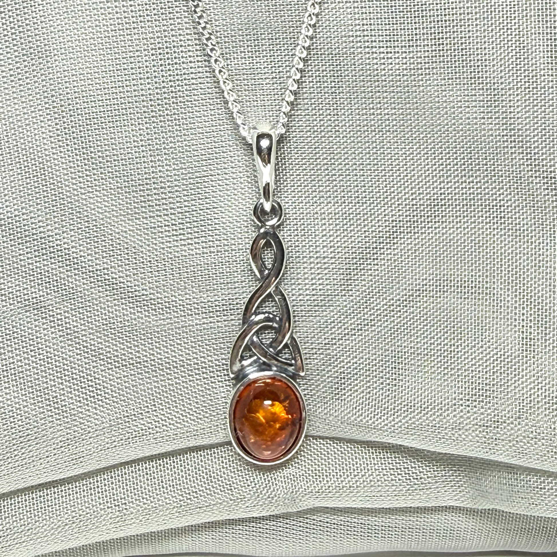 Real amber necklace sterling silver woven Celtic pendant oval amber