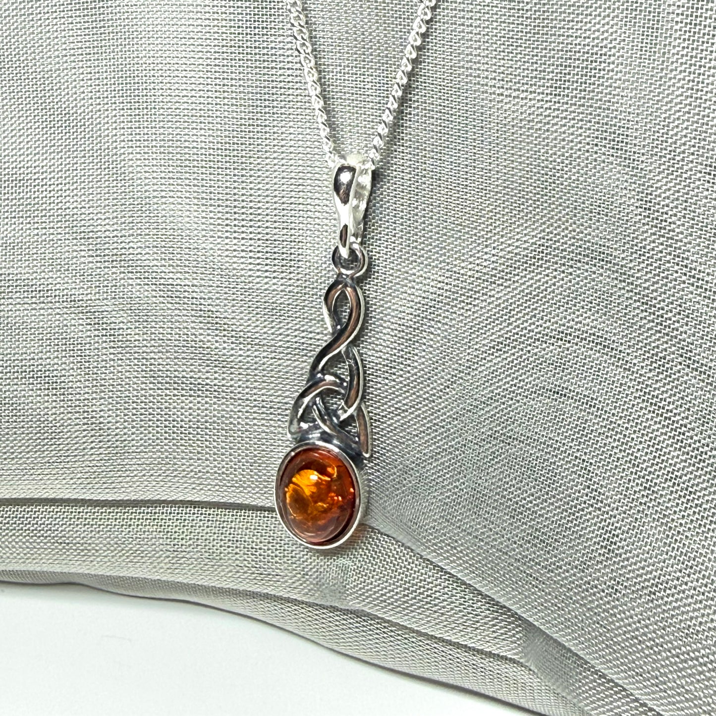 Real amber necklace sterling silver woven Celtic pendant oval amber