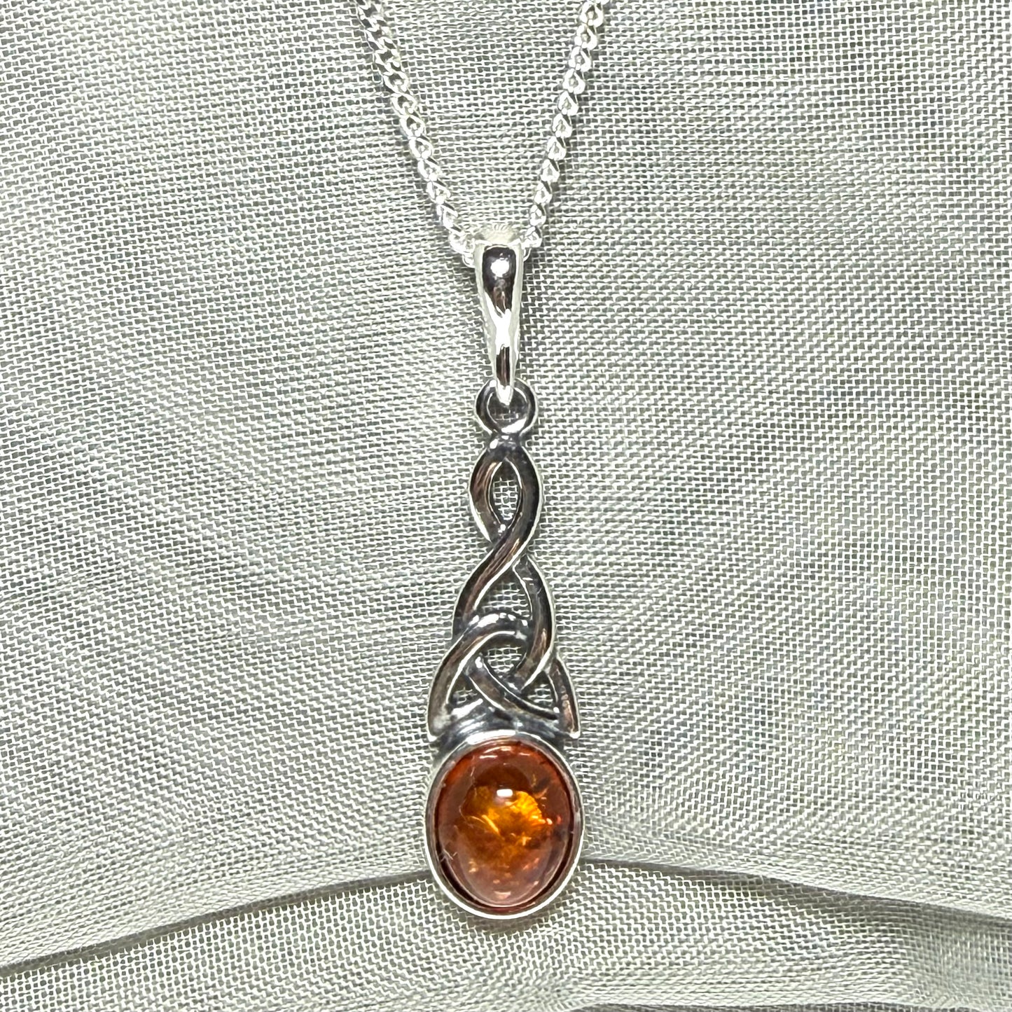 Real amber necklace sterling silver woven Celtic pendant oval amber