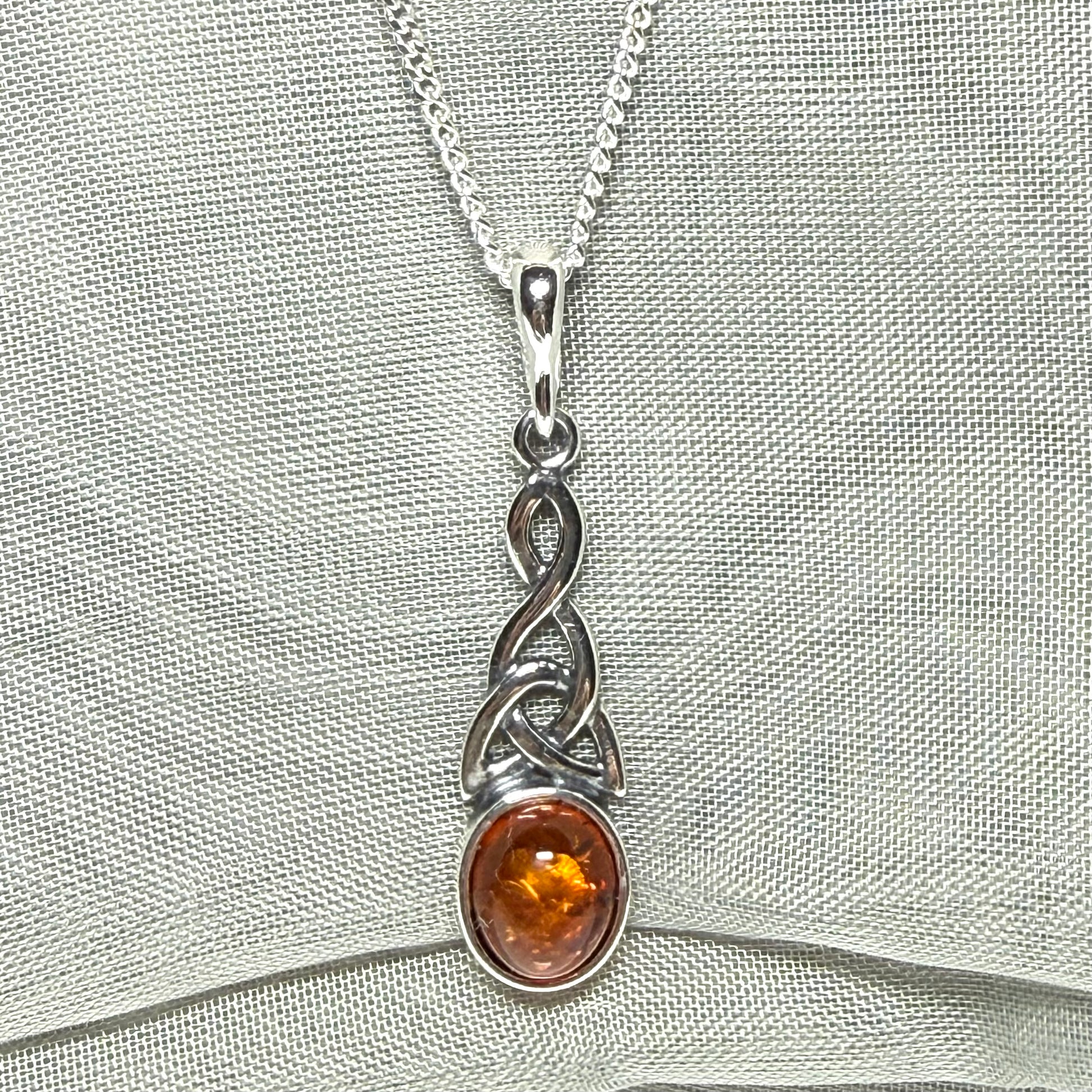 Real amber necklace sterling silver woven Celtic pendant oval amber