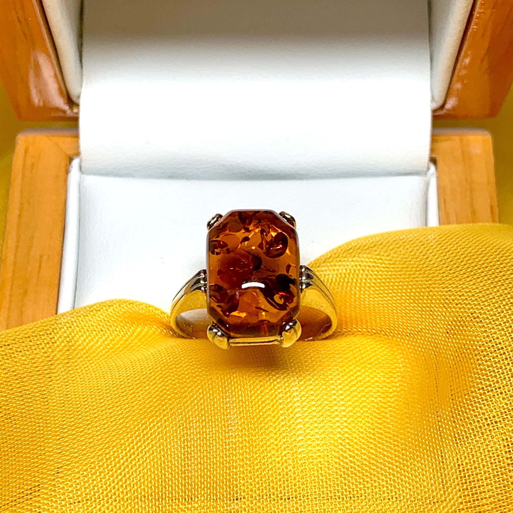 Square Orange Crystal Ring Real Amber Ring Sterling Silver