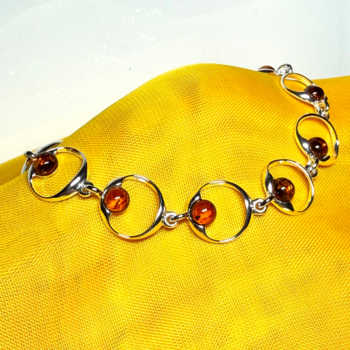 Real amber round shaped open link sterling silver