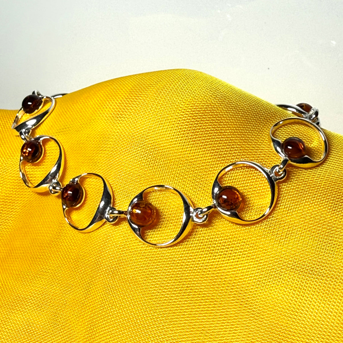 Real amber round shaped open link sterling silver