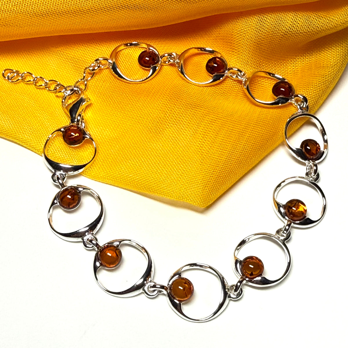 Real amber round shaped open link sterling silver