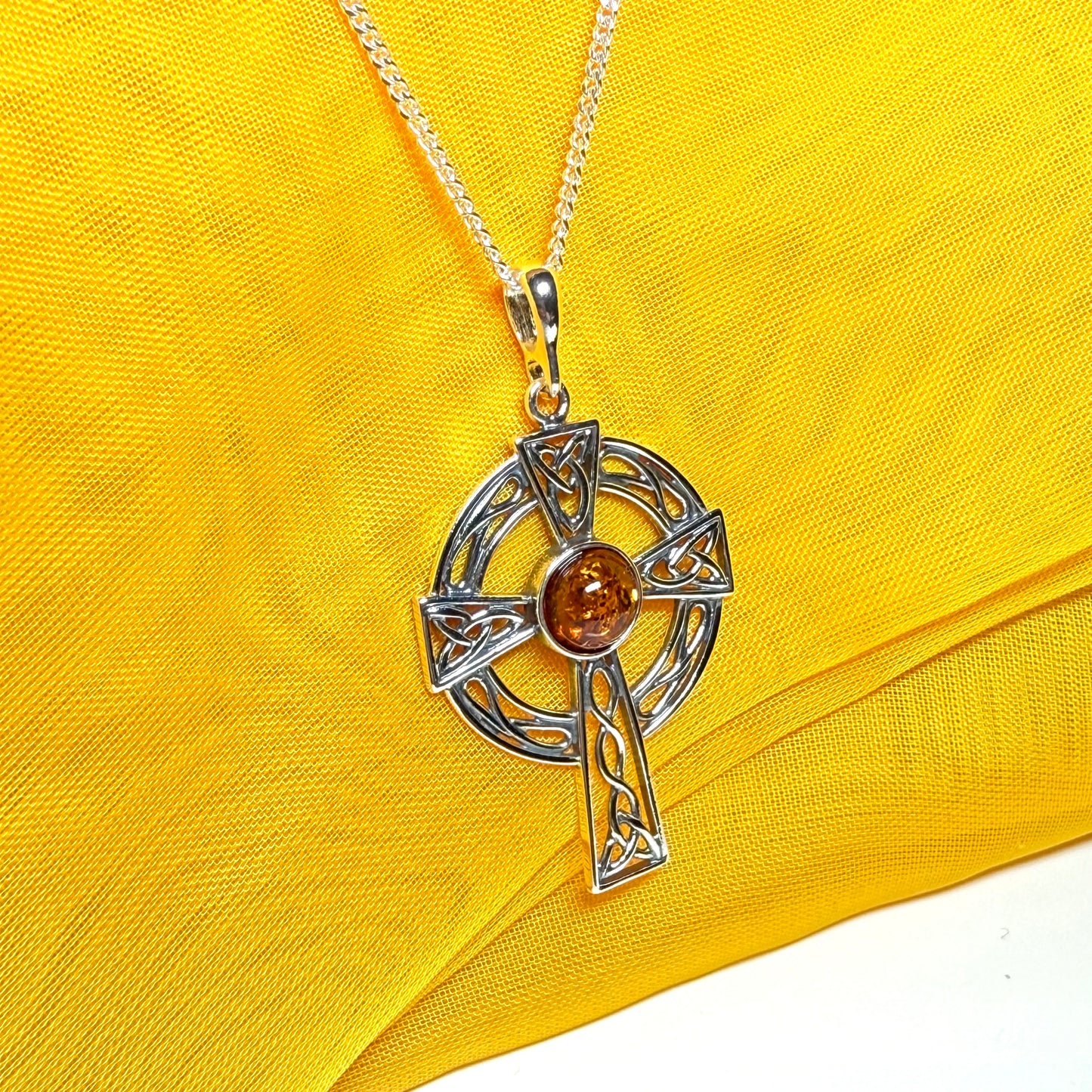 Real amber sterling silver Celtic cross including chain