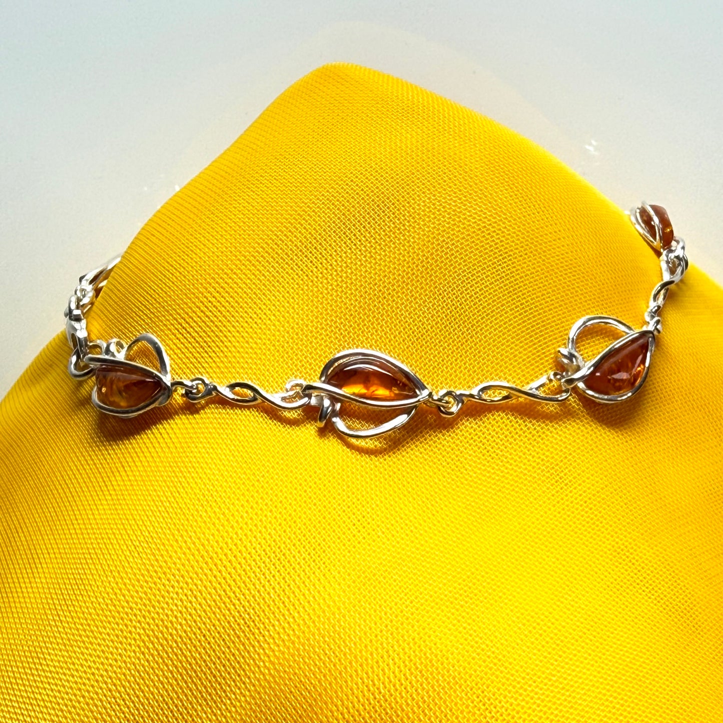 Real amber sterling silver heart shaped bracelet