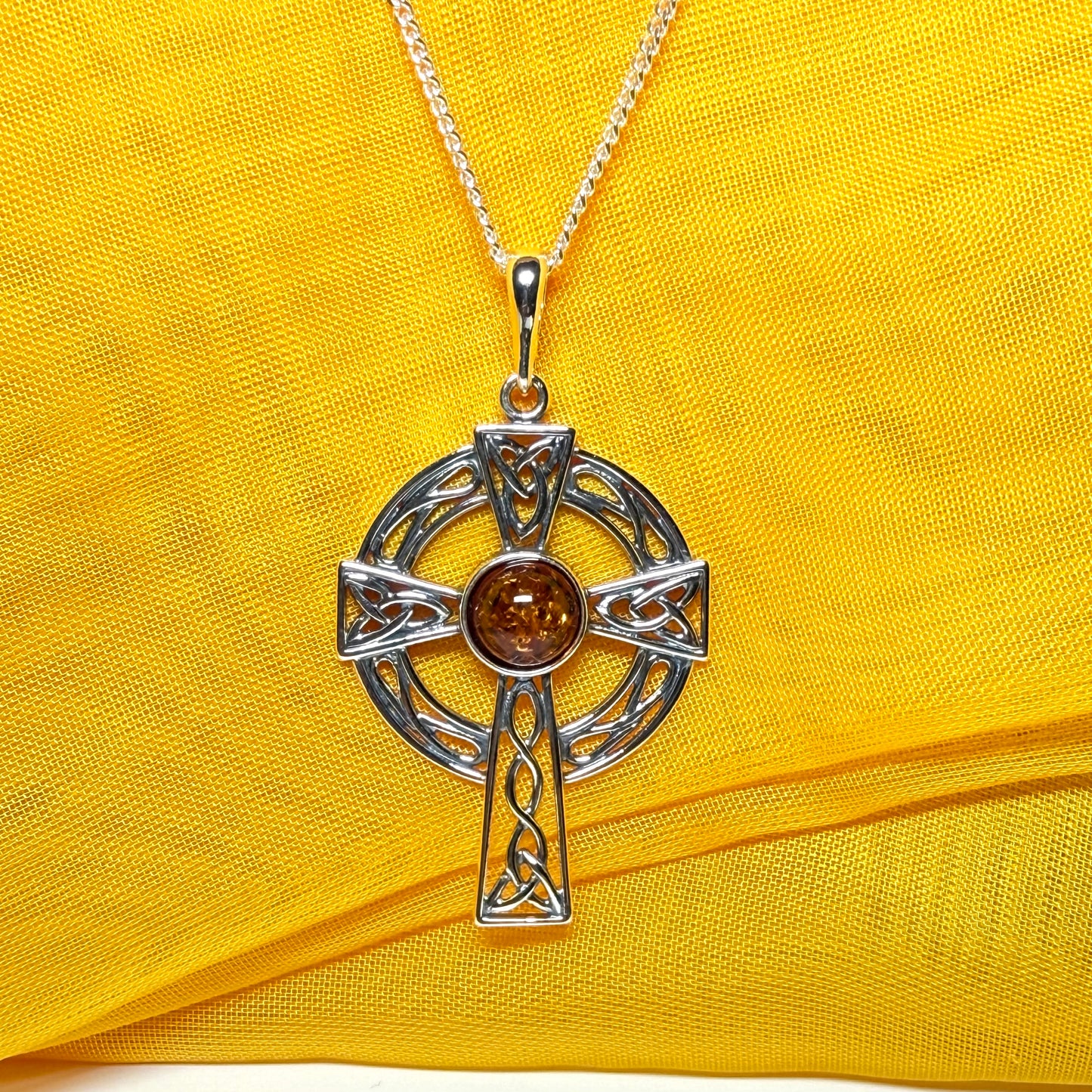Real amber sterling silver Celtic cross including chain