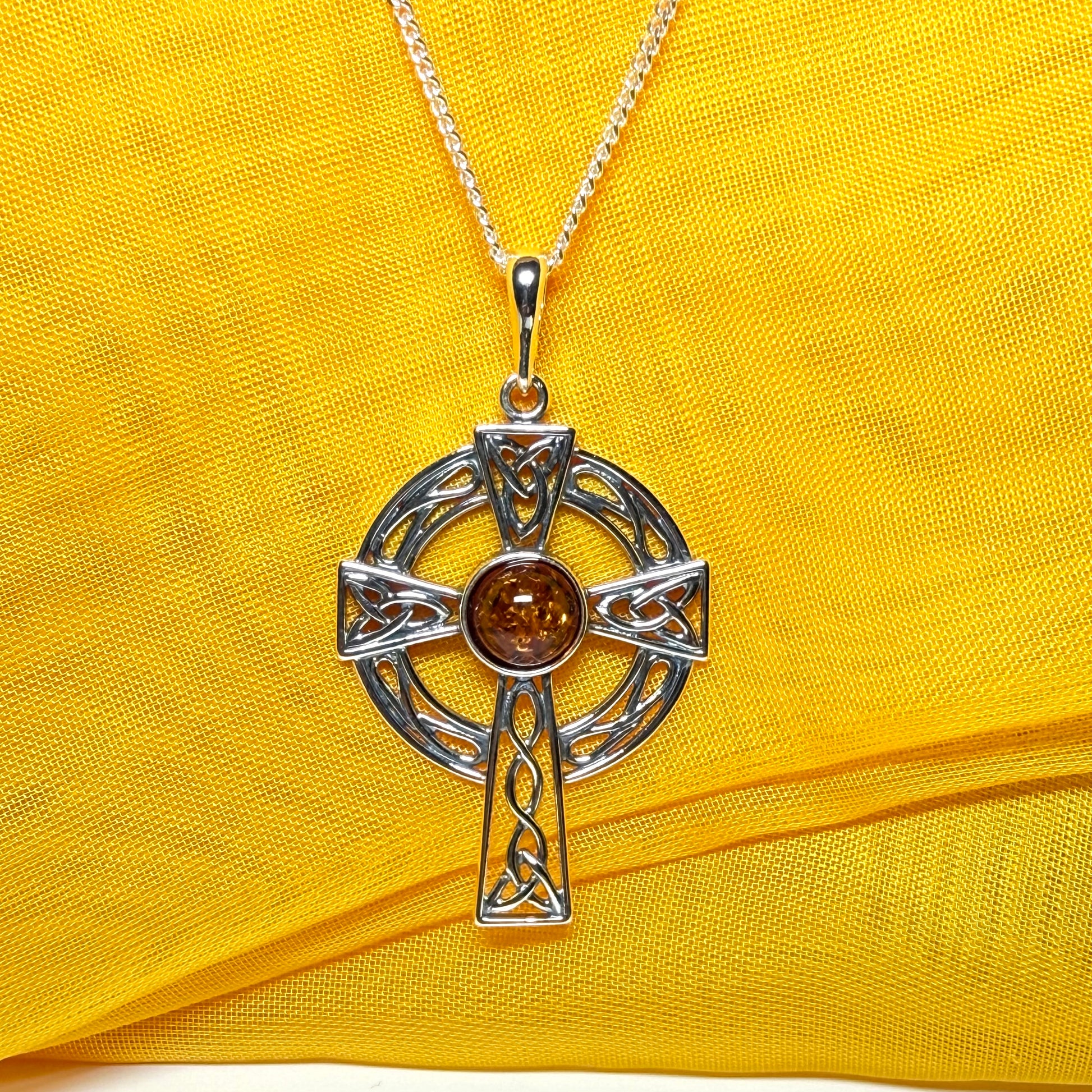 Real amber sterling silver Celtic cross including chain