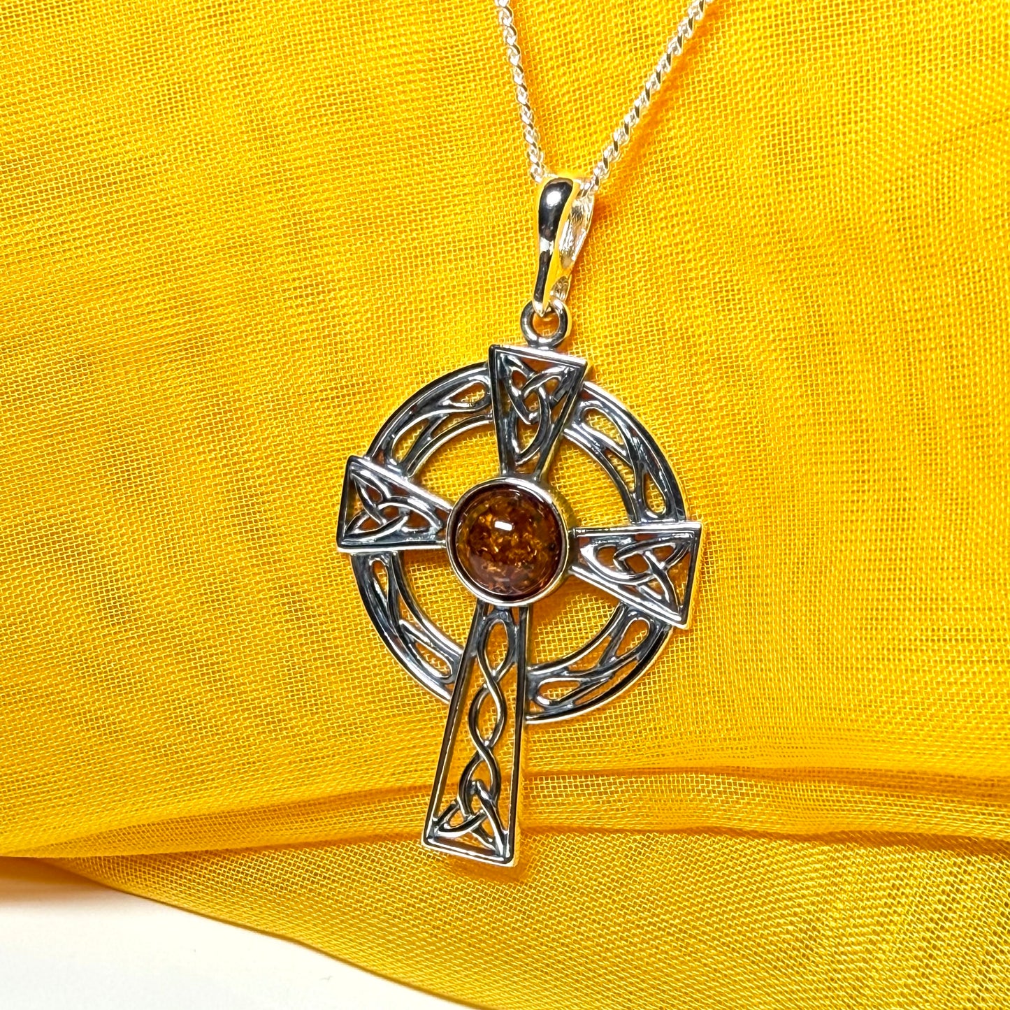 Real amber sterling silver Celtic cross including chain