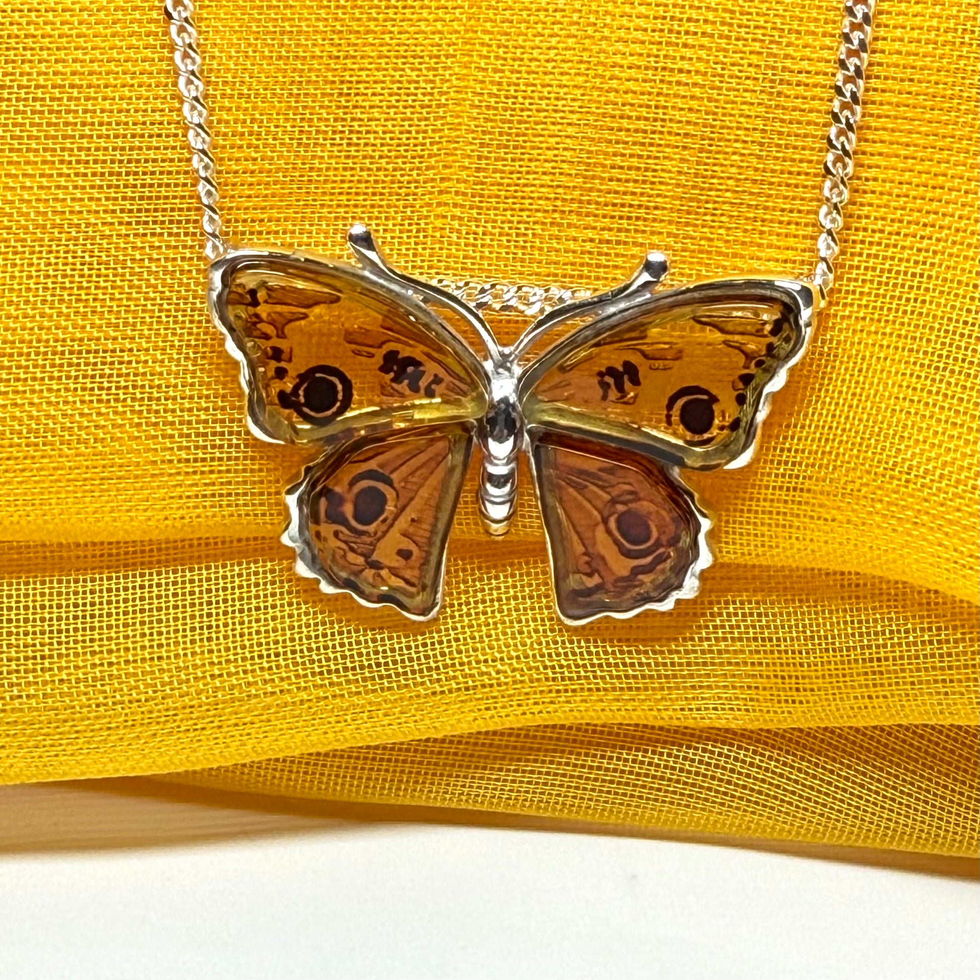 Real amber sterling silver butterfly shaped necklace pendant with chain