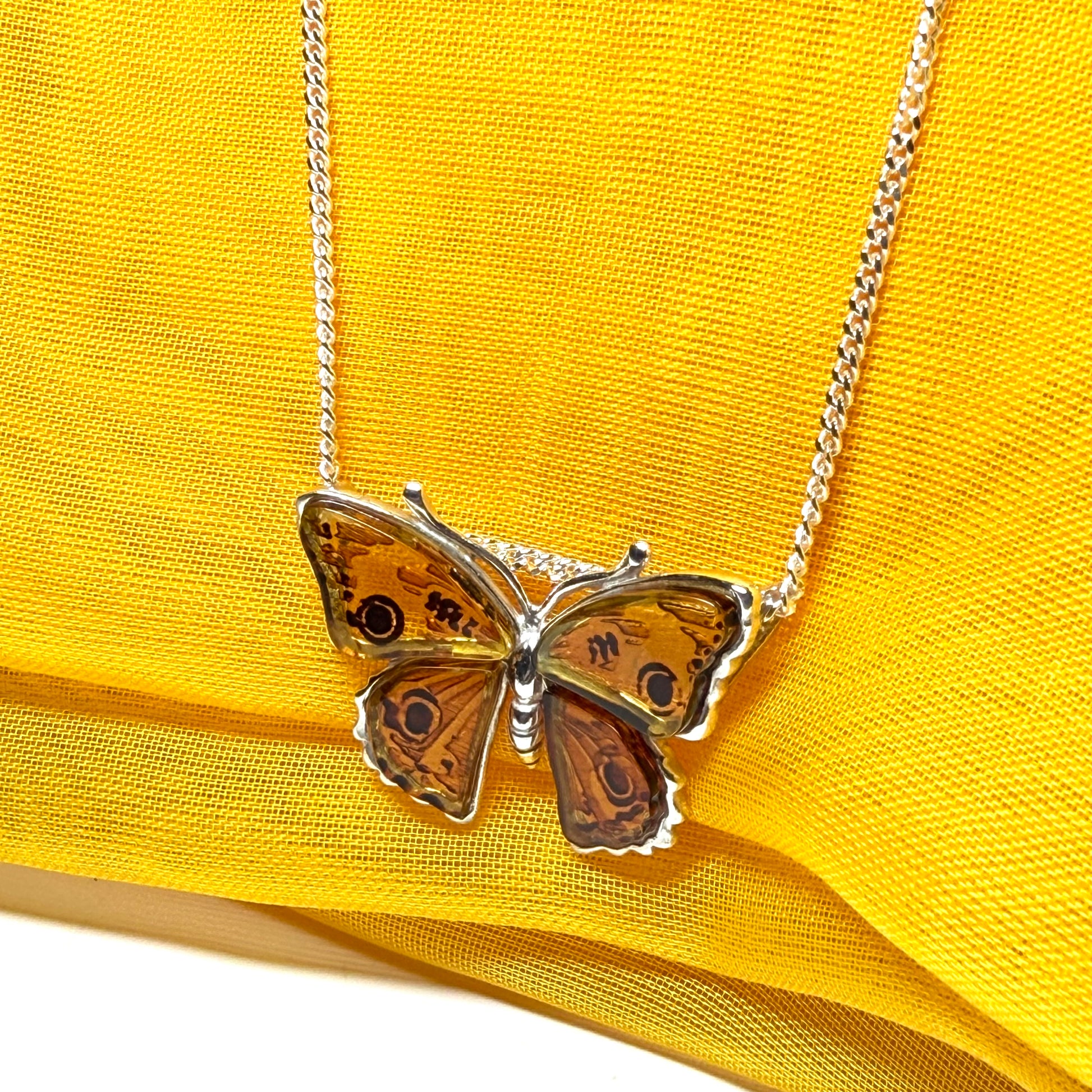 Real amber sterling silver butterfly shaped necklace pendant with chain