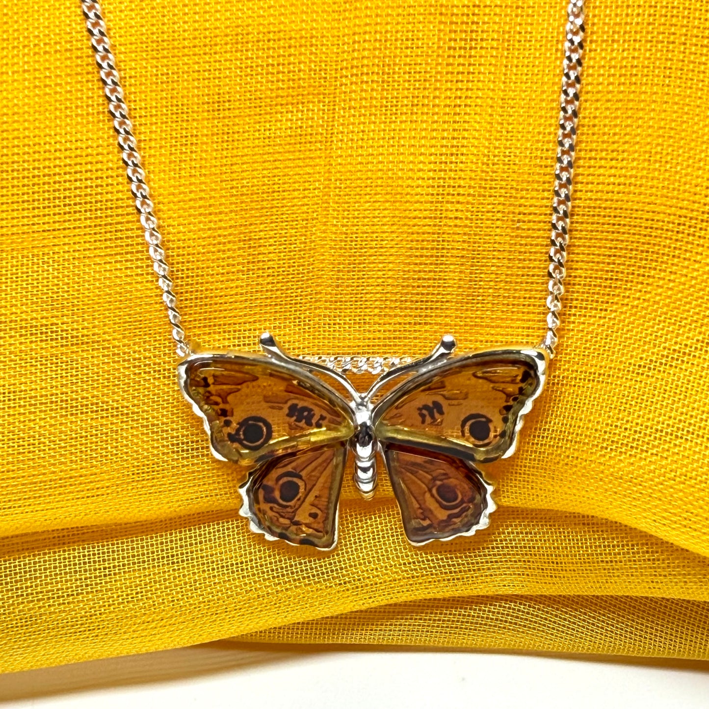 Real amber sterling silver butterfly shaped necklace pendant with chain