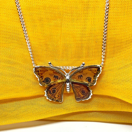 Real amber sterling silver butterfly shaped necklace pendant with chain