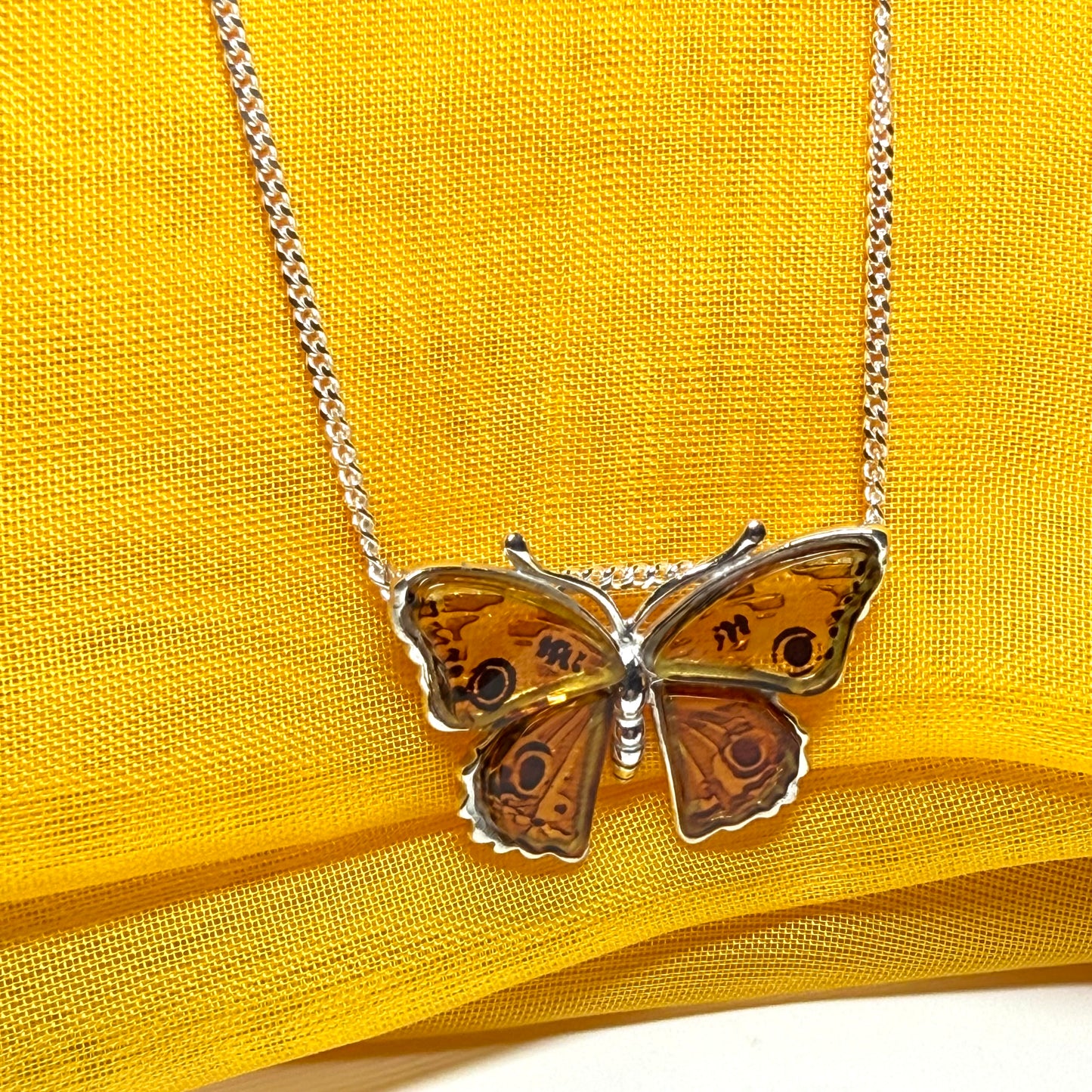 Real amber sterling silver butterfly shaped necklace pendant with chain