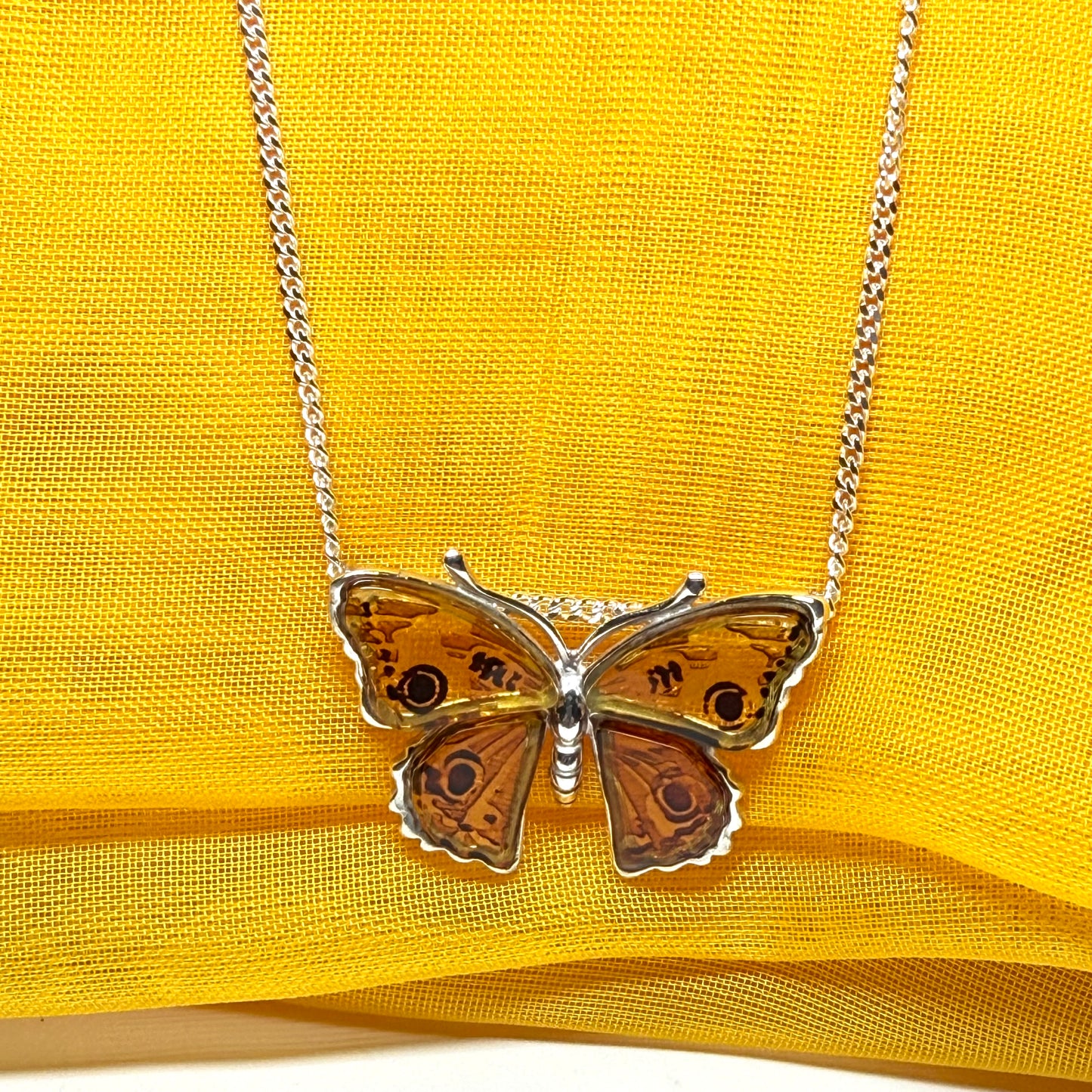Real amber sterling silver butterfly shaped necklace pendant with chain