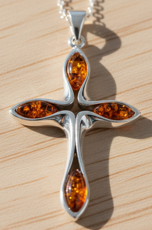 Real amber sterling silver cross