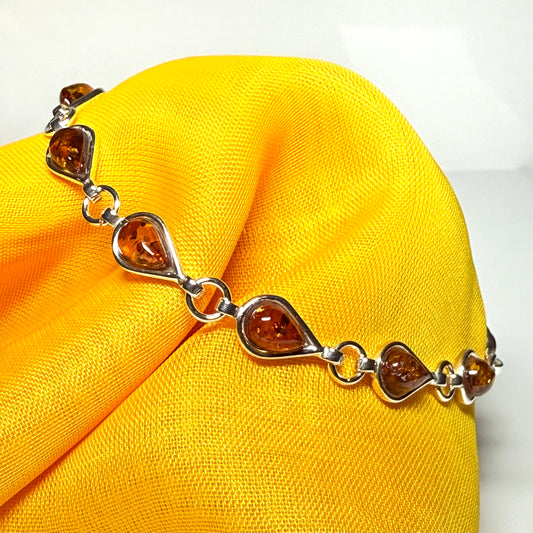 Real amber sterling silver pear shaped bracelet