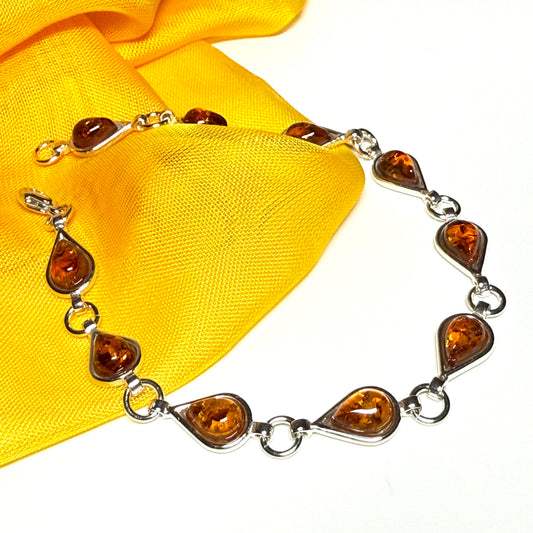 Real amber sterling silver pear shaped bracelet