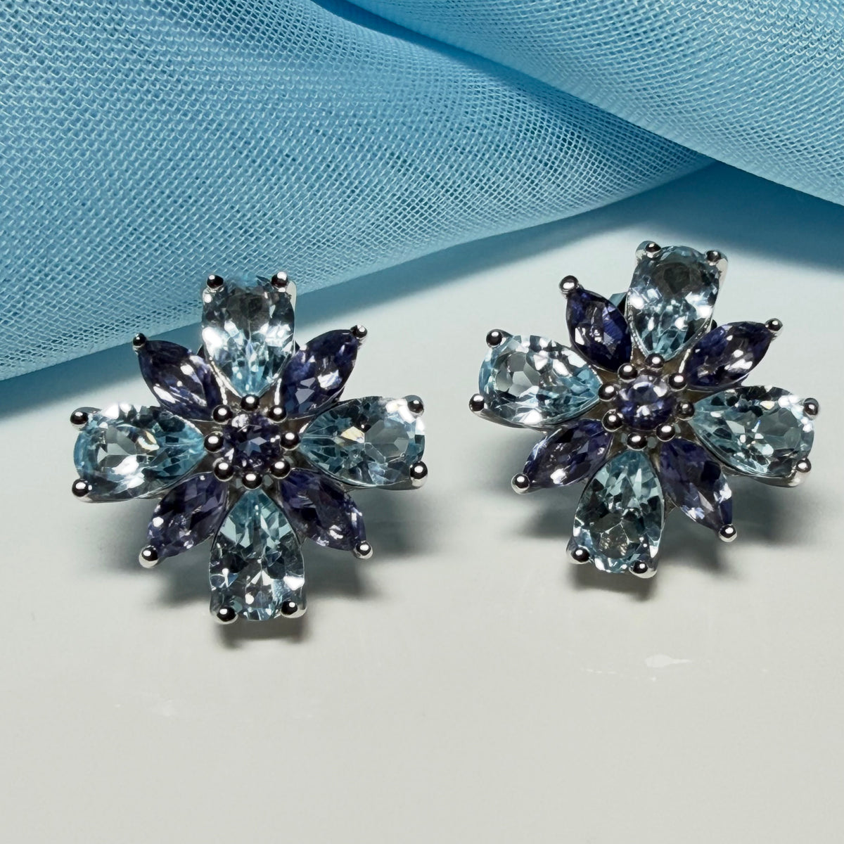 Real amethyst and real blue topaz fancy spray stud earrings