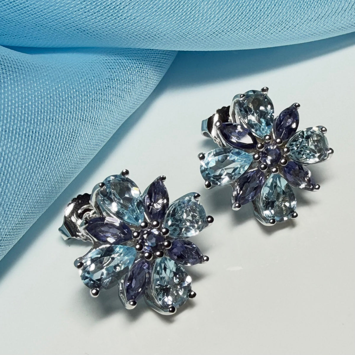 Real amethyst and real blue topaz fancy spray stud earrings