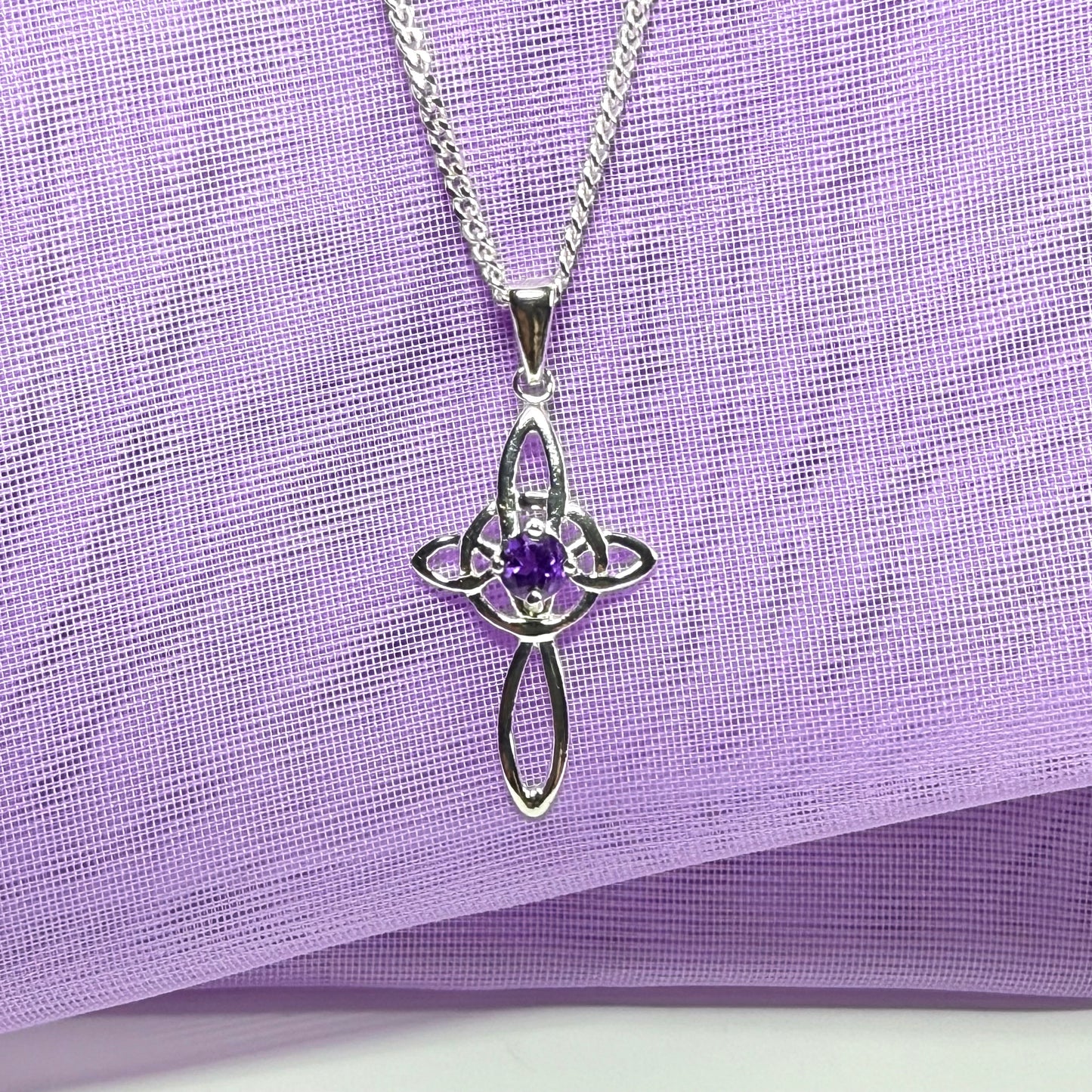 Real amethyst coloured Celtic cross sterling silver necklace
