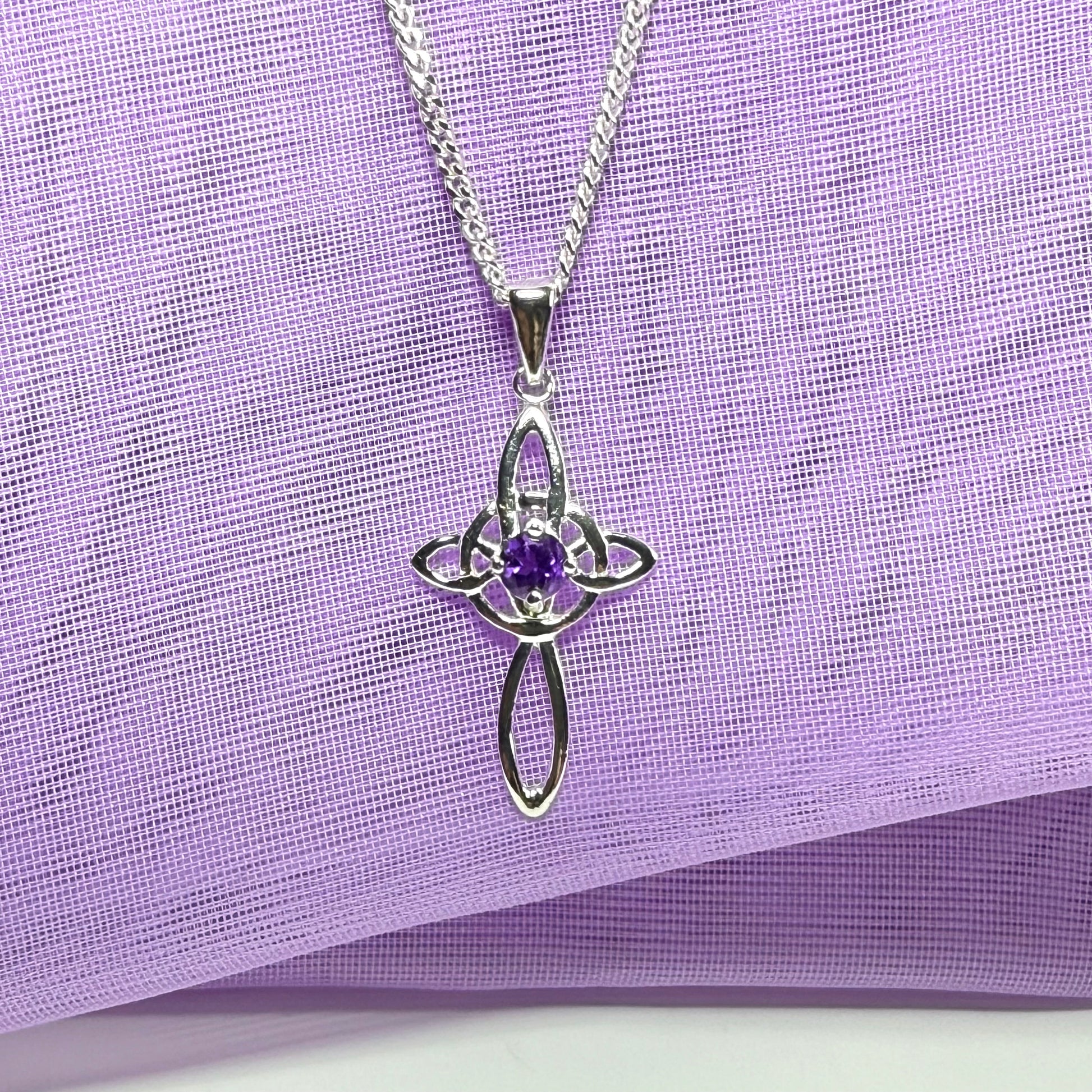 Real amethyst coloured Celtic cross sterling silver necklace