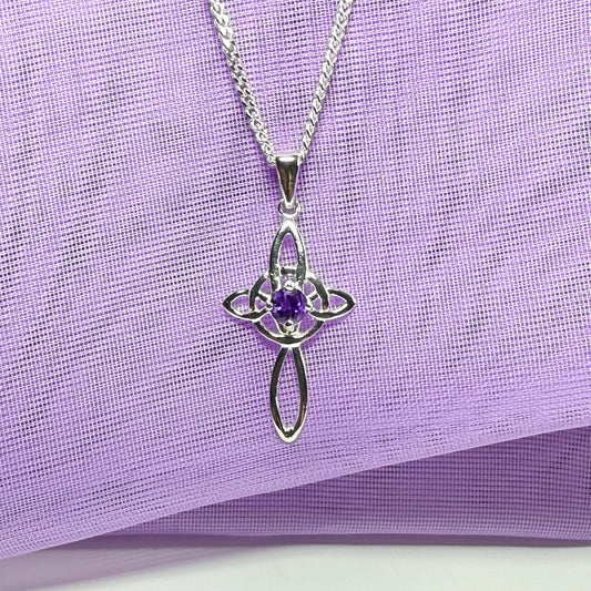Real amethyst coloured Celtic cross sterling silver necklace