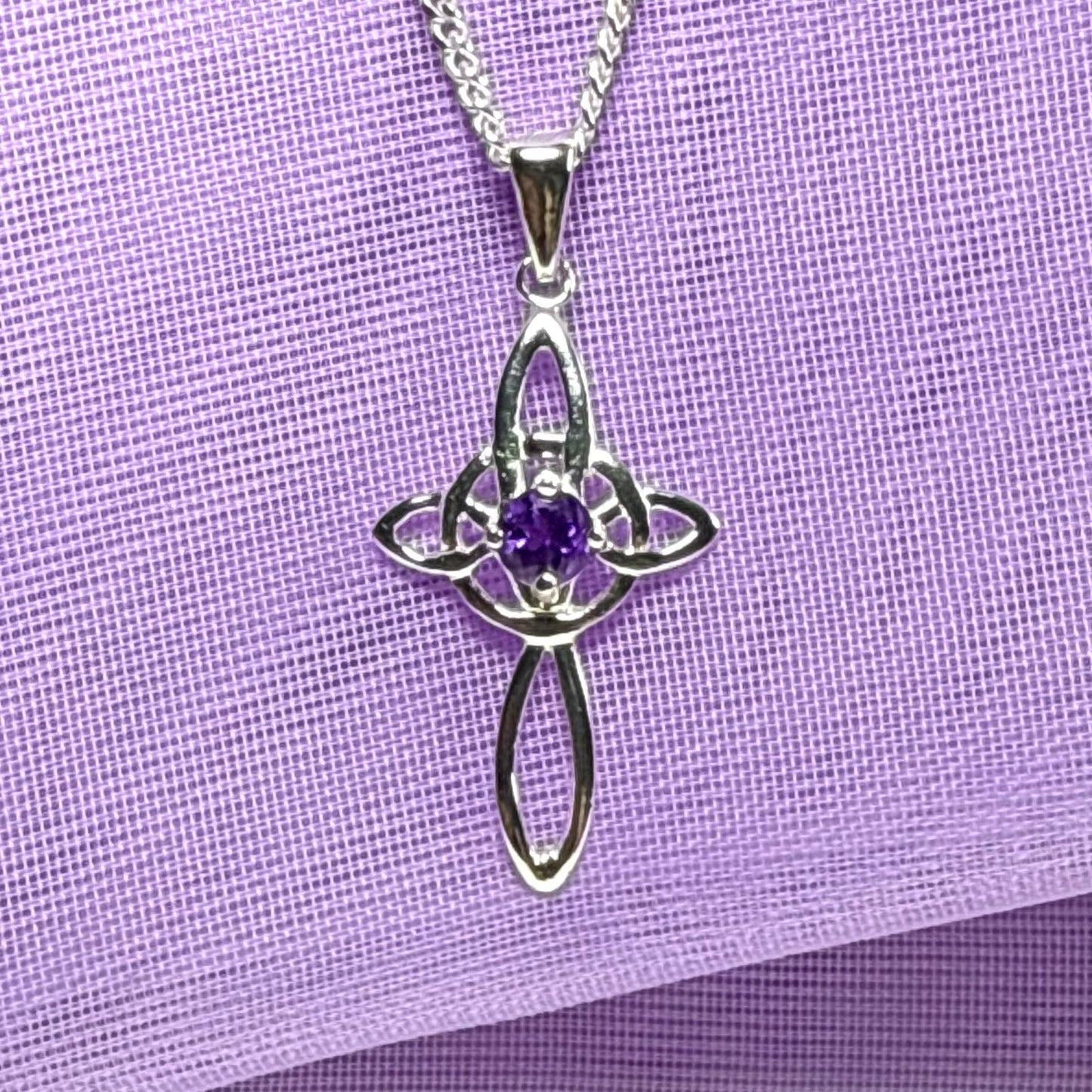 Real amethyst coloured Celtic cross sterling silver necklace with chain included