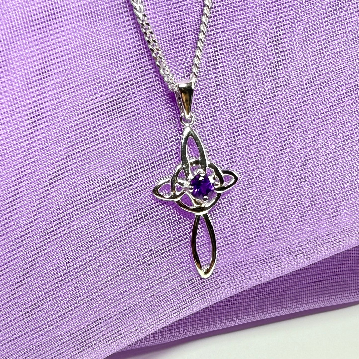 Real amethyst coloured Celtic cross sterling silver necklace