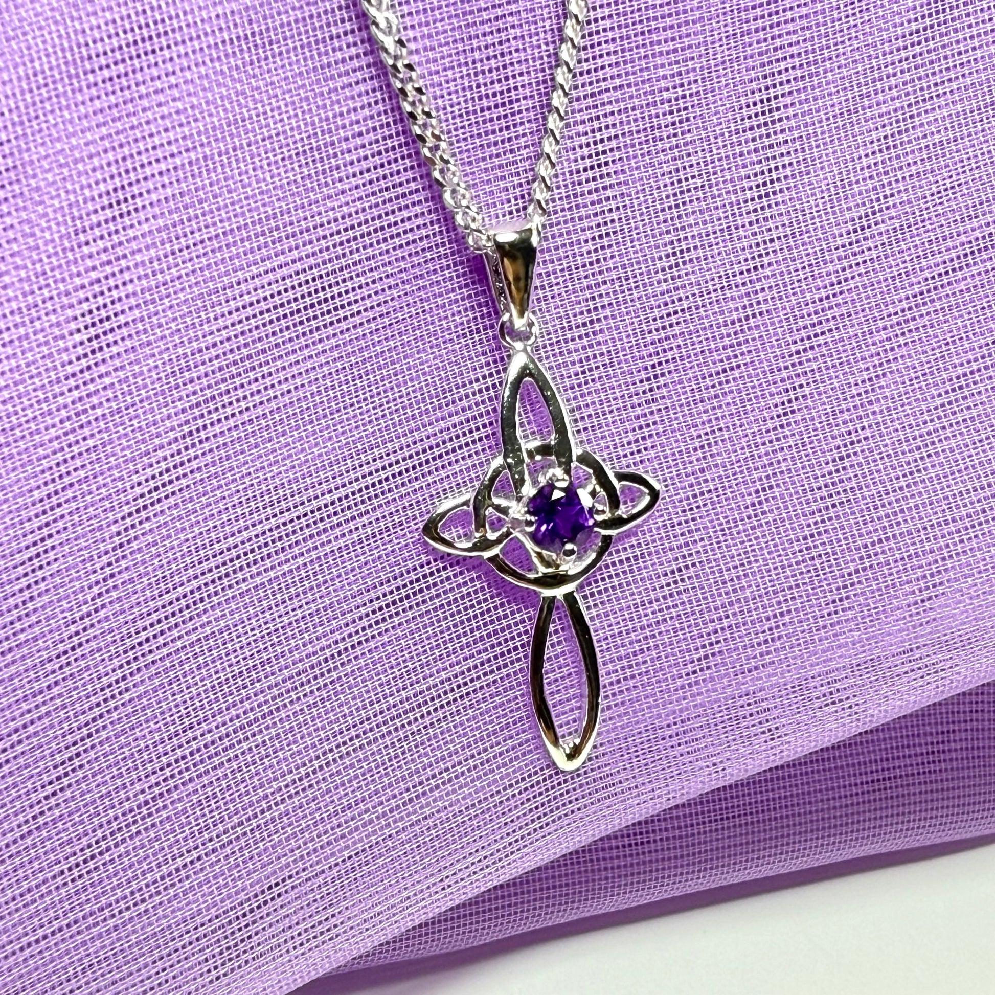 Real amethyst coloured Celtic cross sterling silver necklace