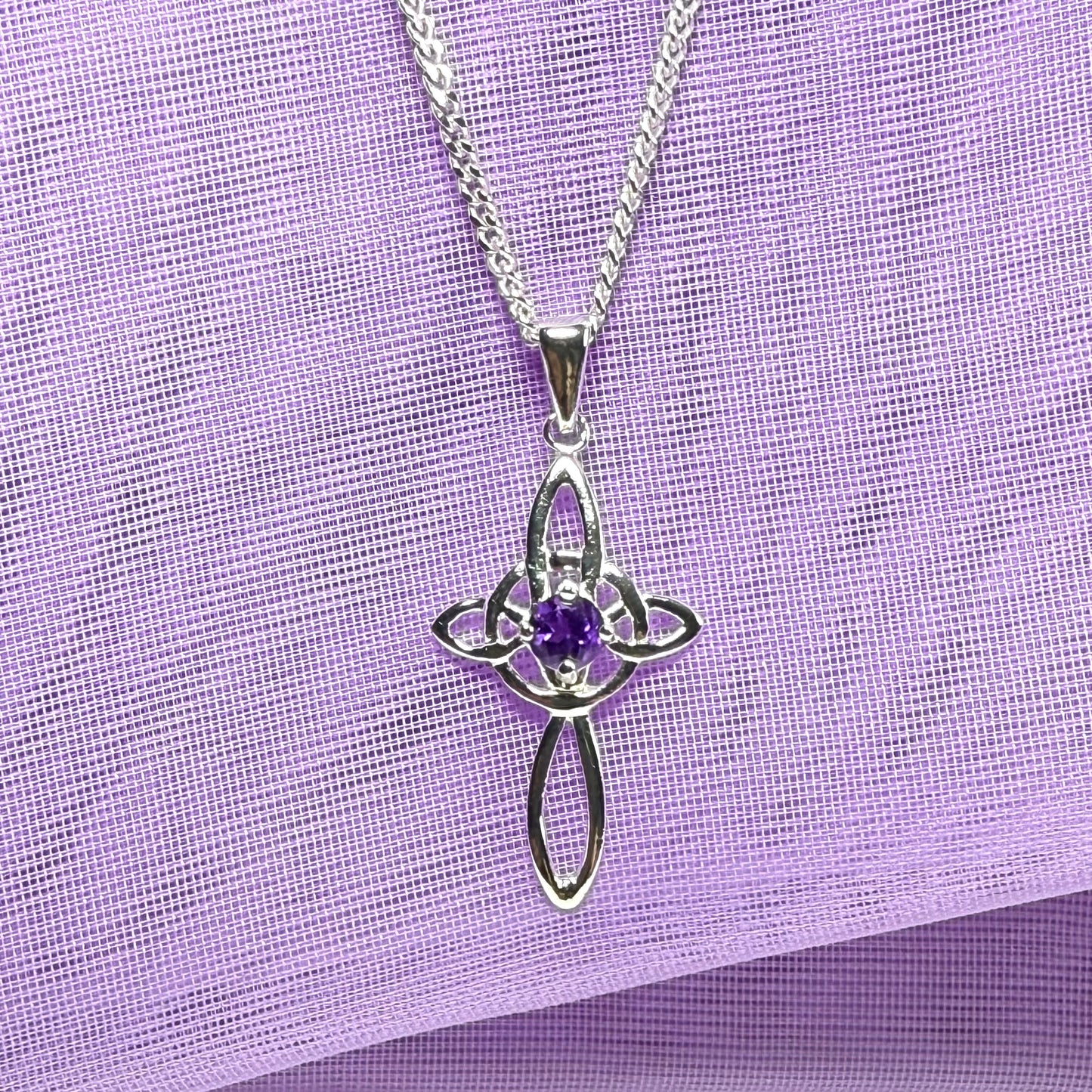 Real amethyst coloured Celtic cross sterling silver necklace with chain