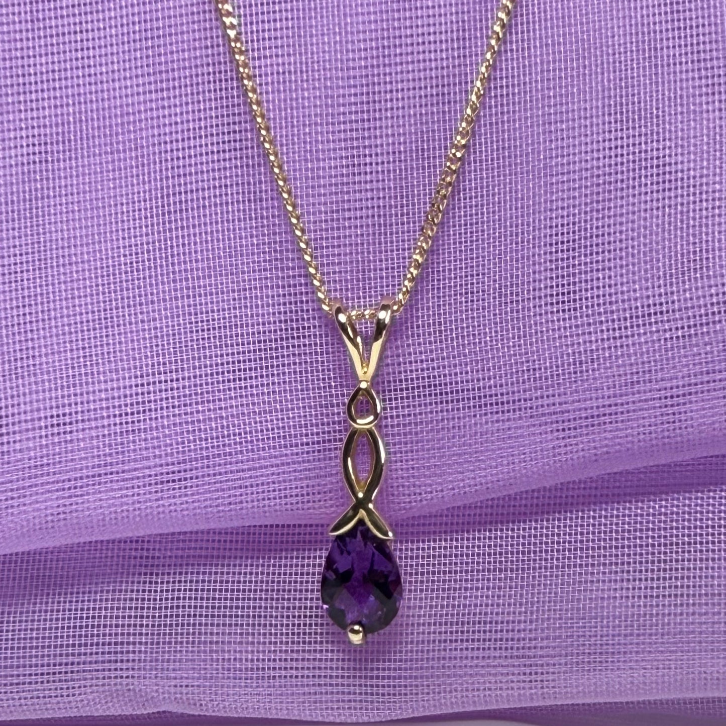 Real amethyst necklace pear shaped yellow gold pendant